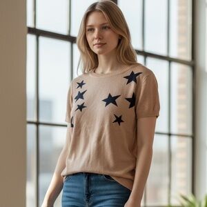 Figs Women's Tan Sweater with Black Stars